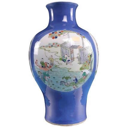 Bình sứ màu bổ ô vẽ người và chim hoa cao 44cm