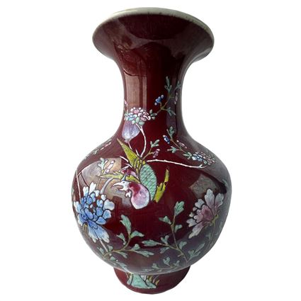 Bình thuý hồng men rạn vẽ chim hoa cao 36cm